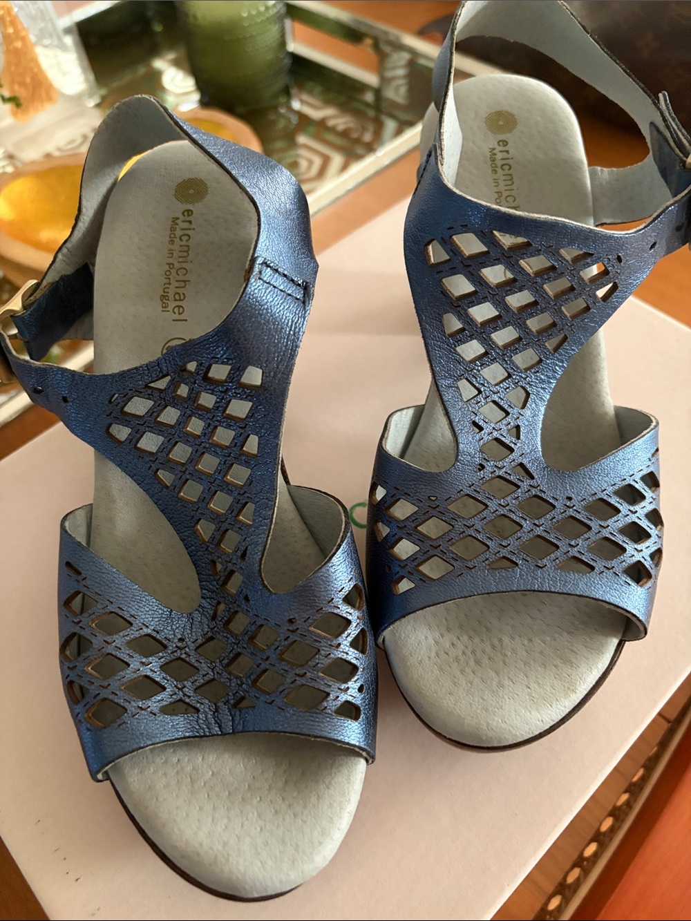 Eric Michael Metallic Blue Cutout Wedge Sandals